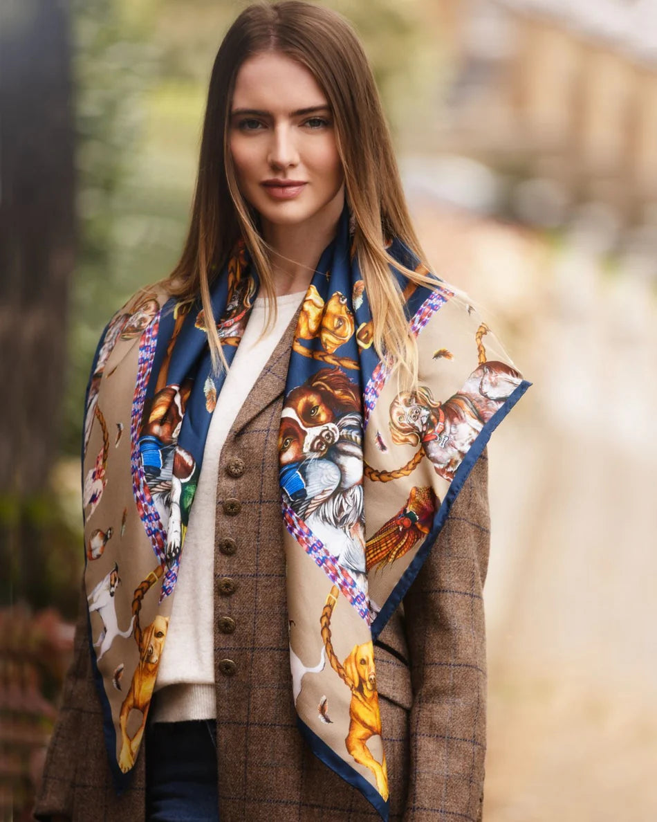 Its A Dogs Life | Navy & Fawn | Large Square Silk Scarf