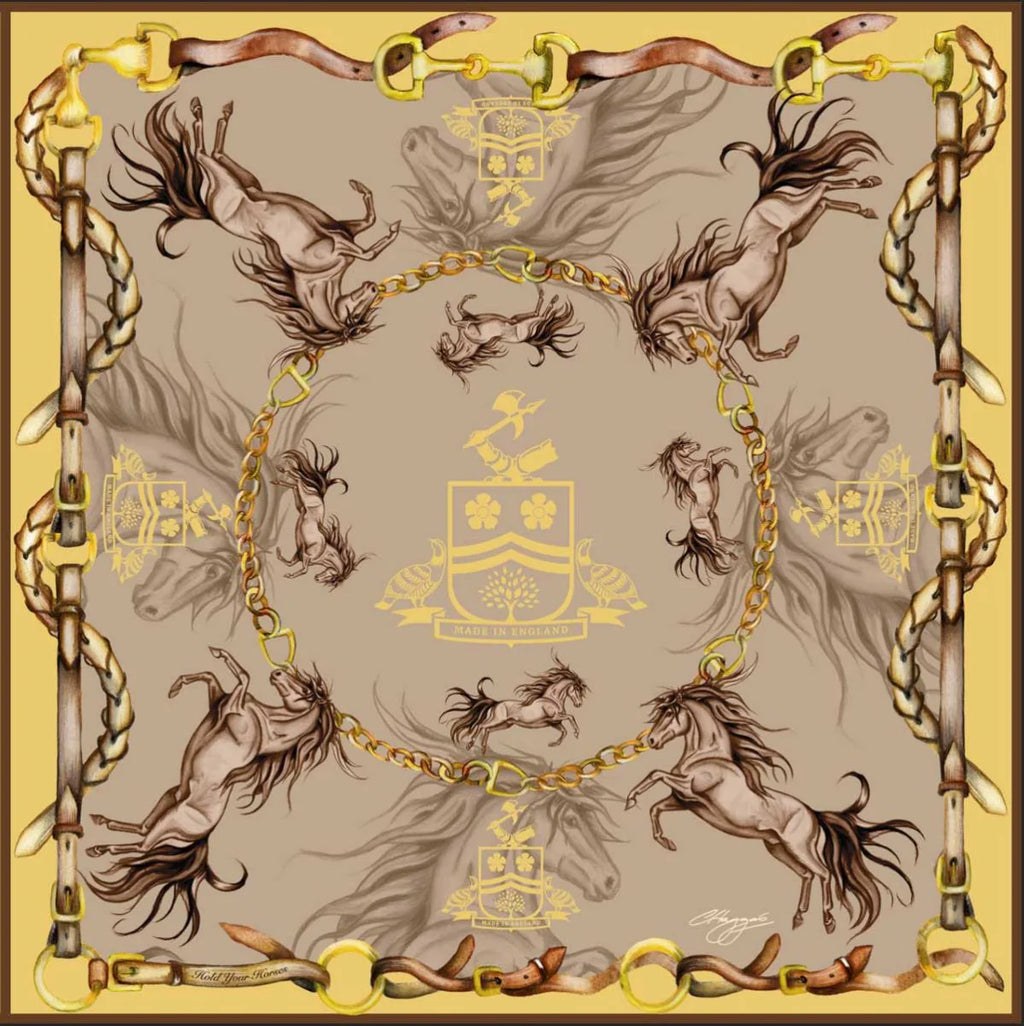 Hold Your Horses | Toffee & Gold | Large Square Silk Scarf