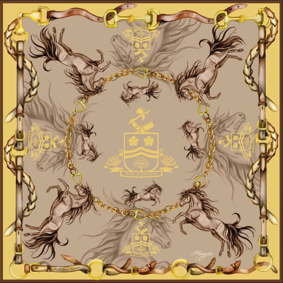 Hold Your Horses | Toffee & Gold | Large Square Silk Scarf