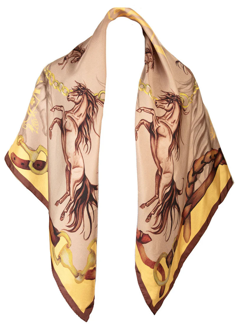 Hold Your Horses | Toffee & Gold | Large Square Silk Scarf