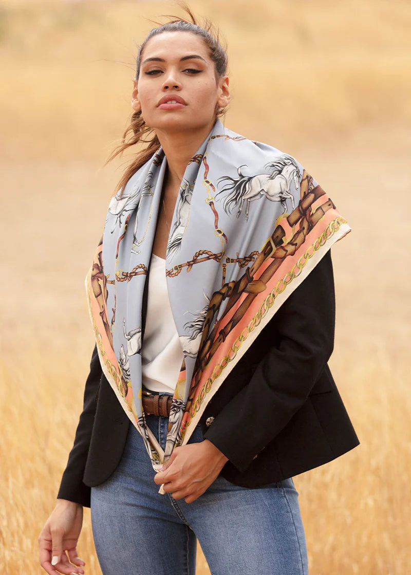 Rearing to Go | Powder Blue & Rose | Large Square Silk Scarf